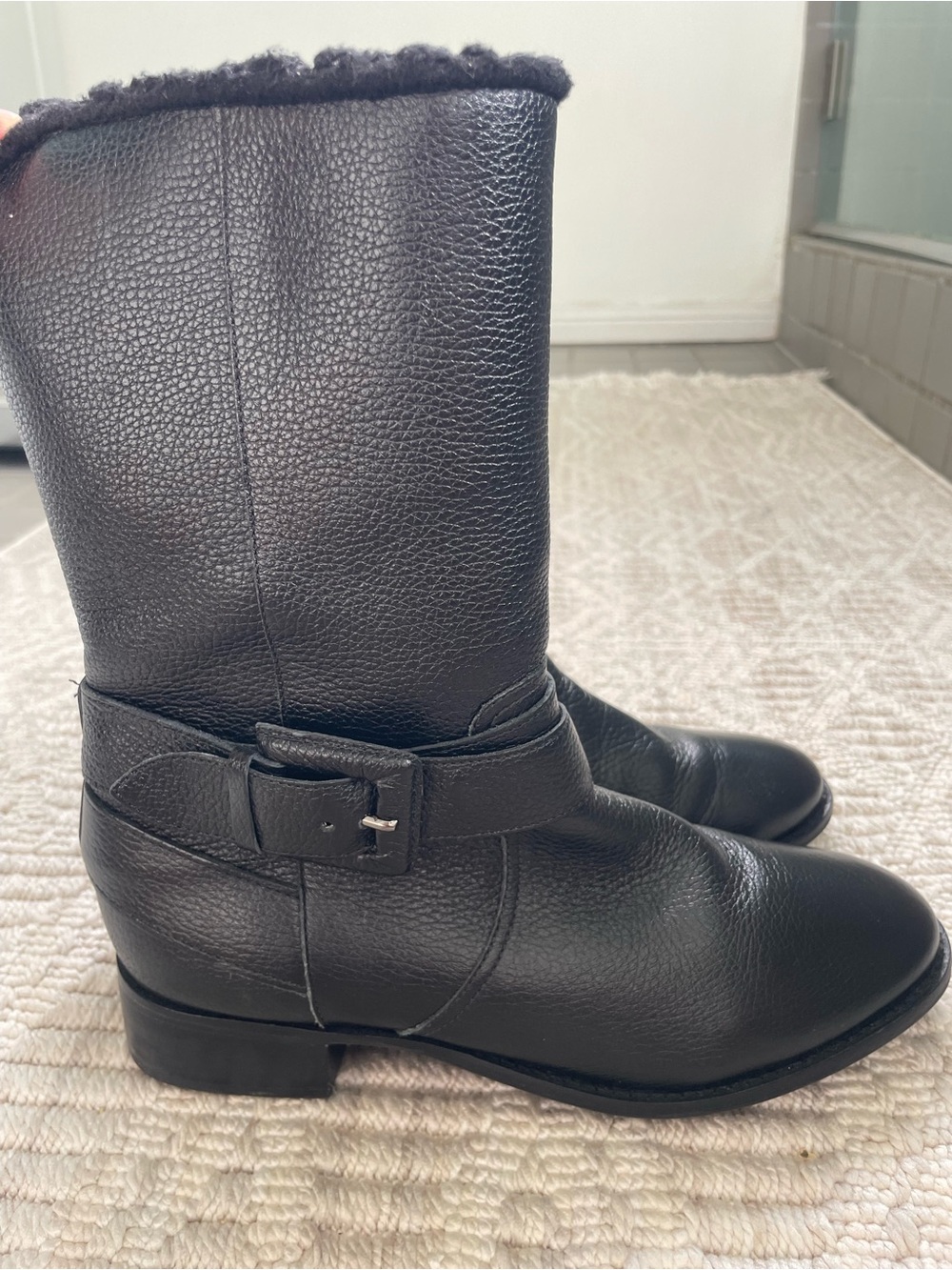 Talbots Black Leather Mid-Calf Buckle Heeled Boots, Size 7